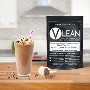VERTEX VIP V-LEAN customized nutrition meal replacement shake - bag on counter with shake - customer